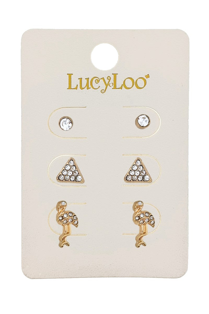 3-Pair Gold Flamingo Stud Earrings