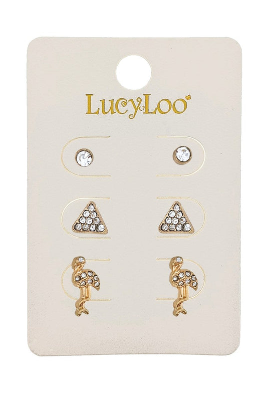 3-Pair Gold Flamingo Stud Earrings