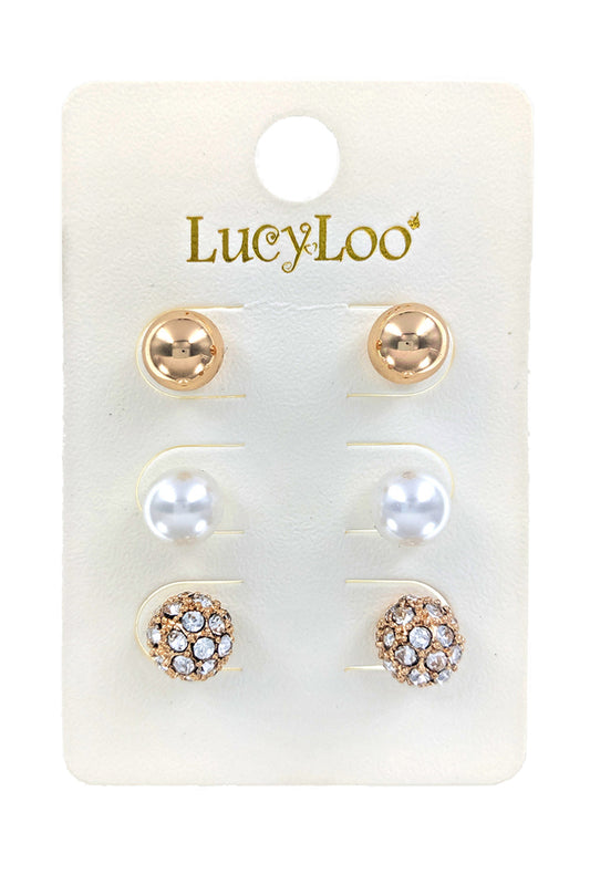 3-Pairs Gold Round Stud Earrings