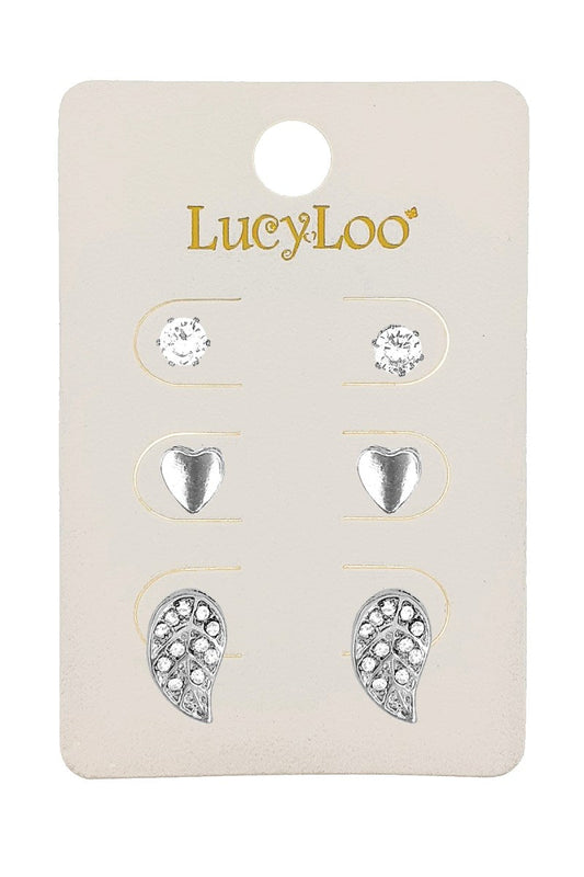 3-Pair Silver Leaf & Cubic Stud Earring