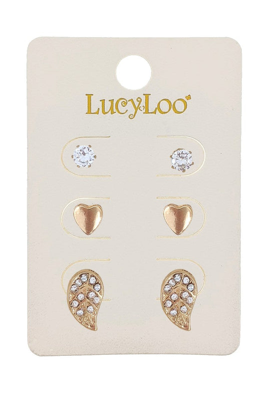 3-Pair Gold Leaf & Cubic Stud  Earring