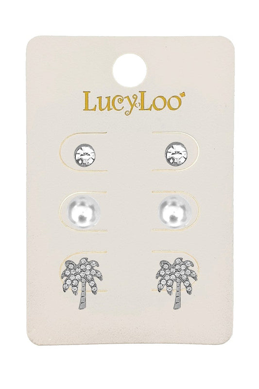 3-Pair Silver Palm Tree Stud Earrings