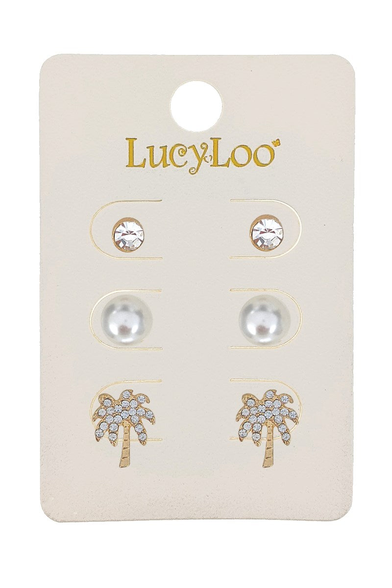 3-Pair Gold Palm Tree Earring