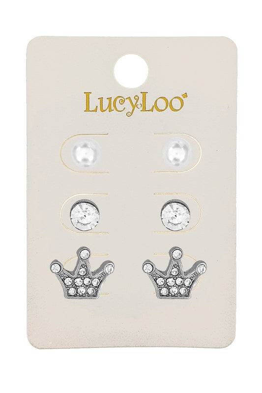 3-Pair Silver Crown Earrings