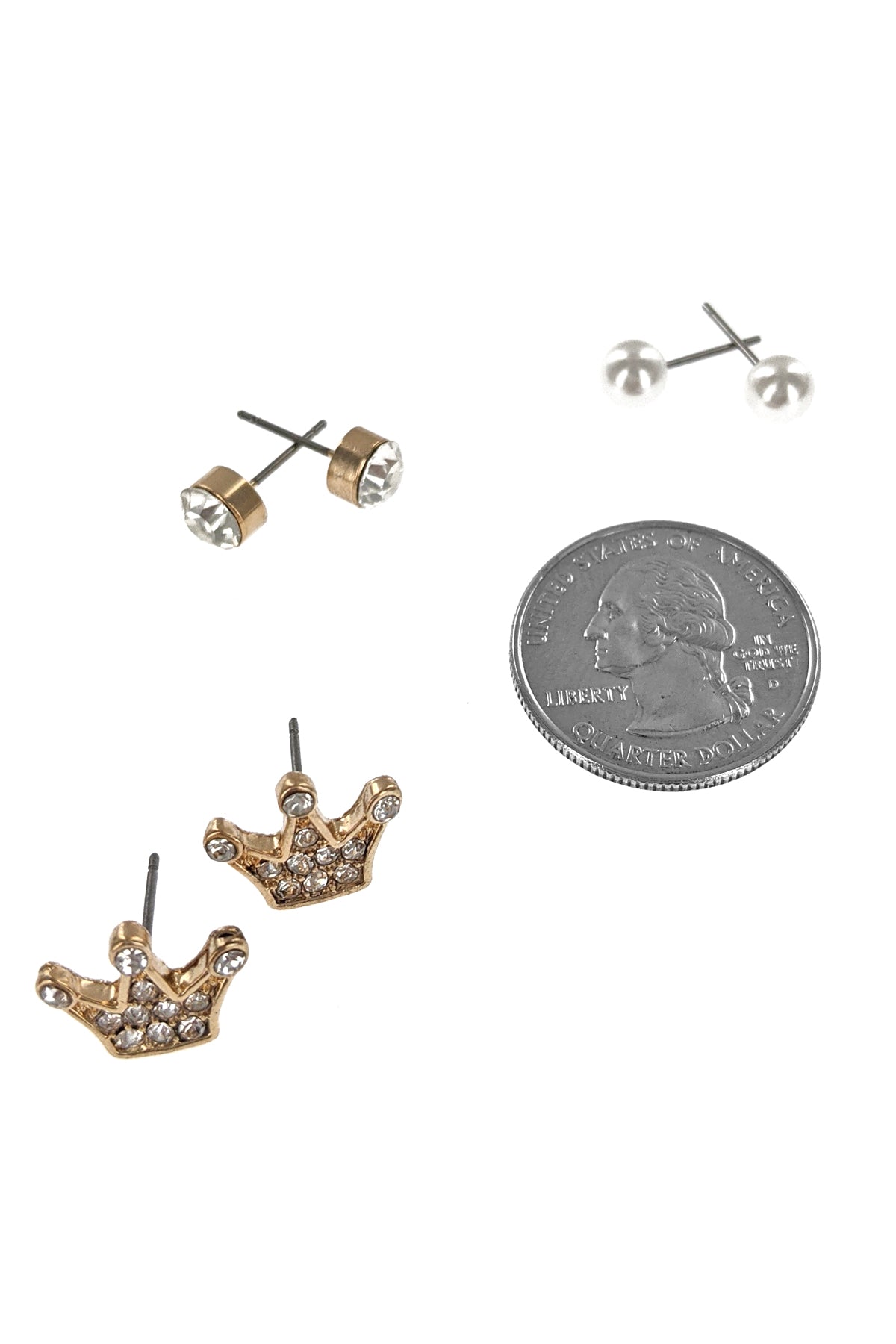 3-Pair Gold Crown Earrings