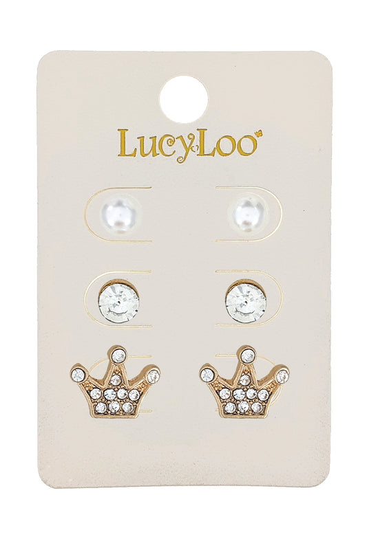 3-Pair Gold Crown Earrings