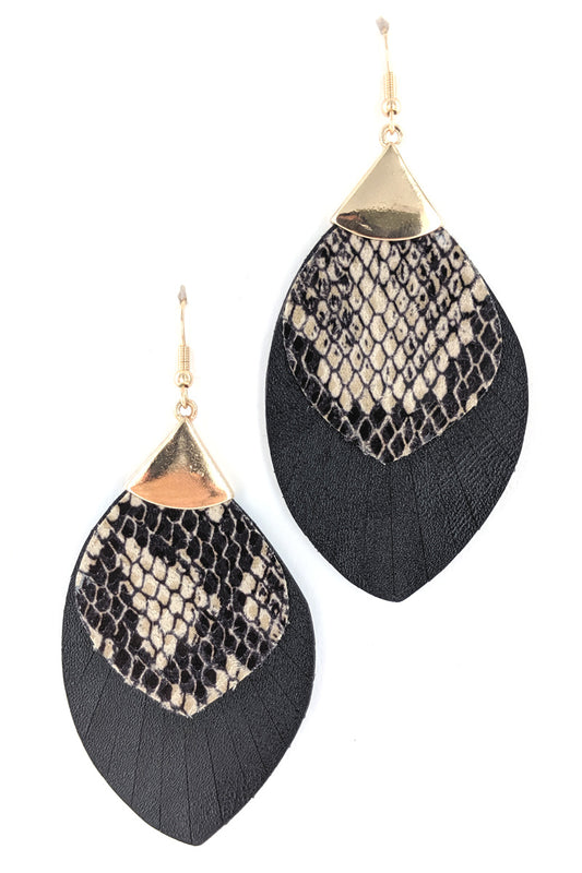 Black Faux Leather Animal Print Leaf Earrings