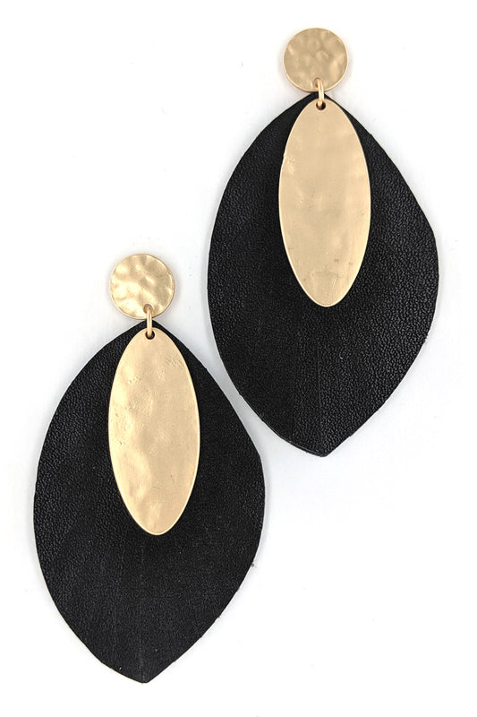 Black Faux Leather Leaf and Metal Earrings
