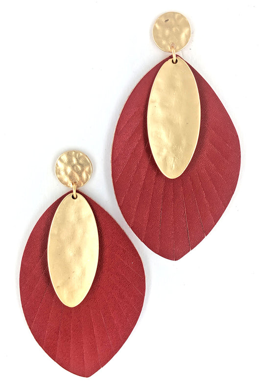 Red Faux Leather Leaf and Metal Earrings