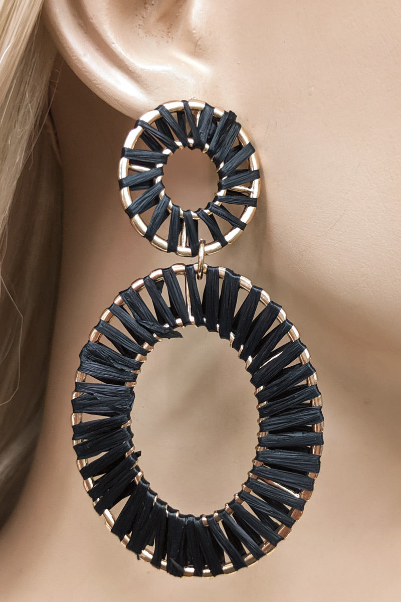 Braided Black Raffia Hoop Dangle Earrings