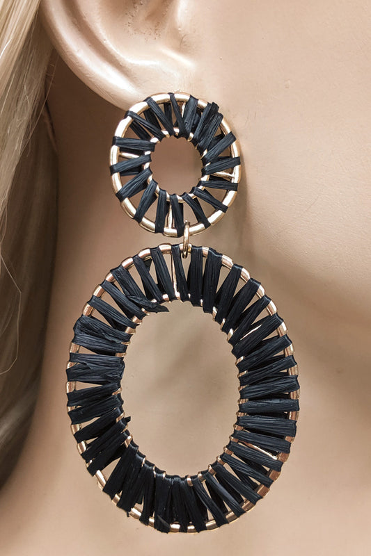 Braided Black Raffia Hoop Dangle Earrings