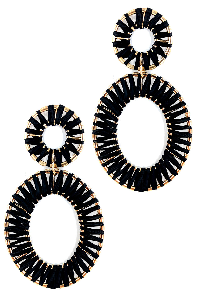 Braided Black Raffia Hoop Dangle Earrings