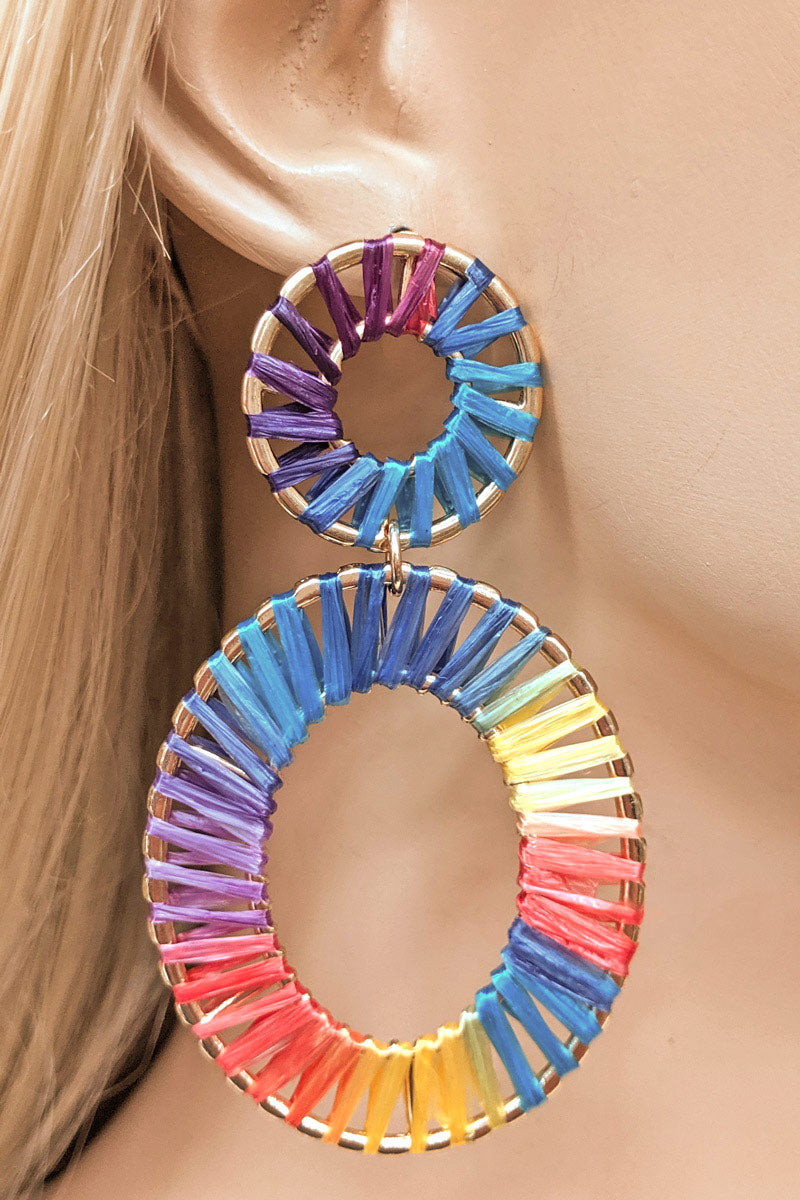 Braided Multi Color Raffia Hoop Dangle Earrings