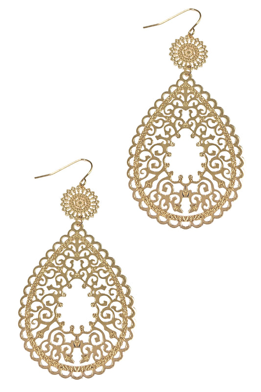 Gold Teardrop Filigree Dangle Earring