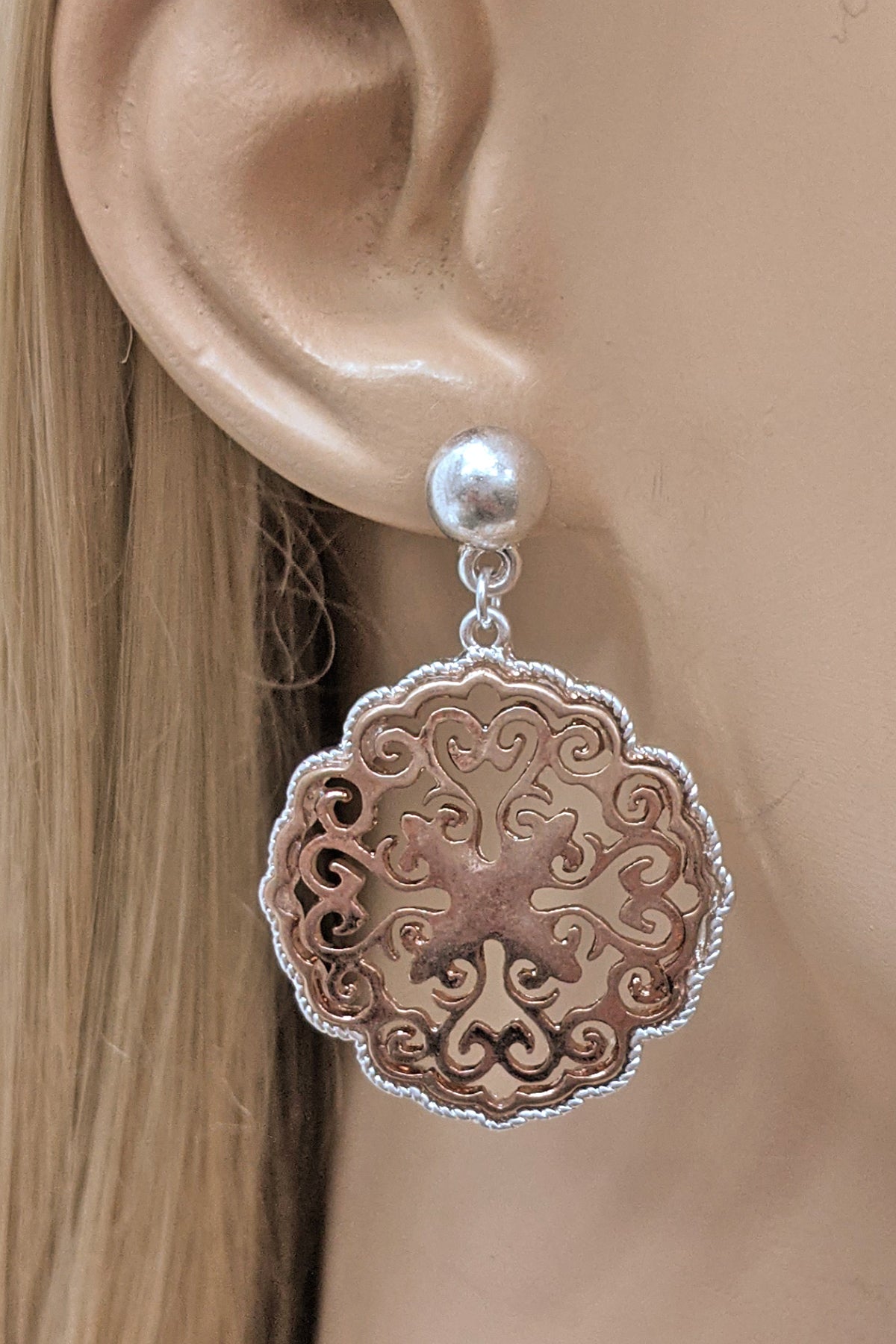 Worn Rose Gold Boho Dangle Earrings