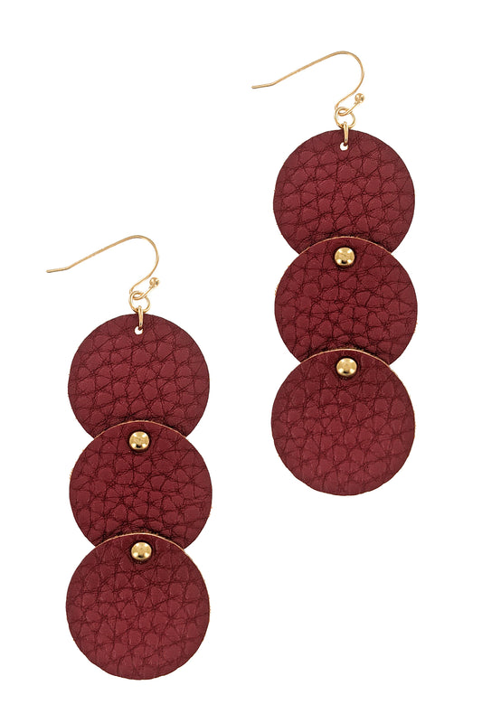 Burgundy Geometric Faux Leather Dangle Earrings
