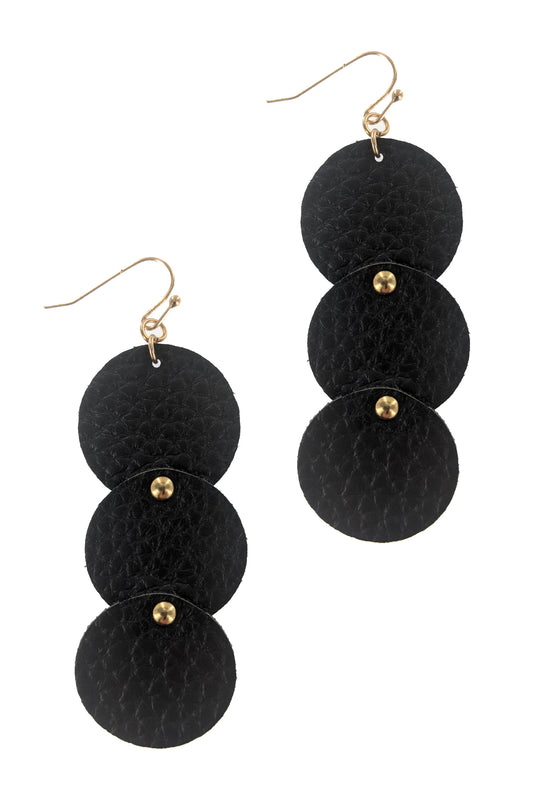 Black Geometric Faux Leather Dangle Earrings