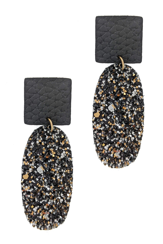 Black Sparkle Faux Leather Dangle Earrings