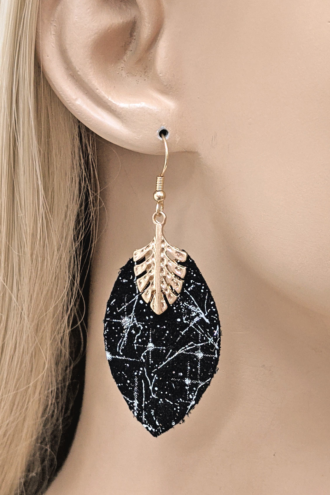 Black Faux Leather Leaf Design Earrings