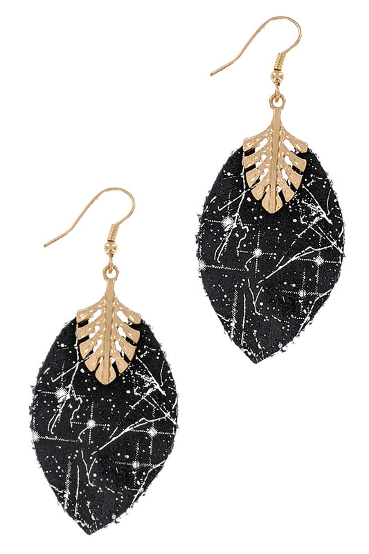 Black Faux Leather Leaf Design Earrings