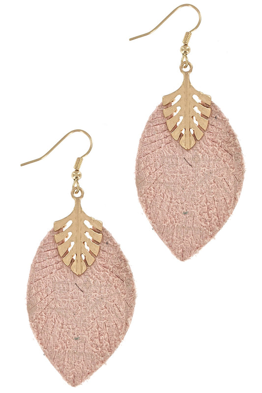 Pink Faux Leather Leaf Earrings
