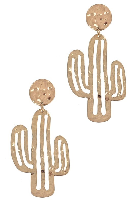 Worn Gold Textured Cactus Earring
