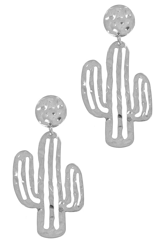 Worn Silver Textured Cactus Earring