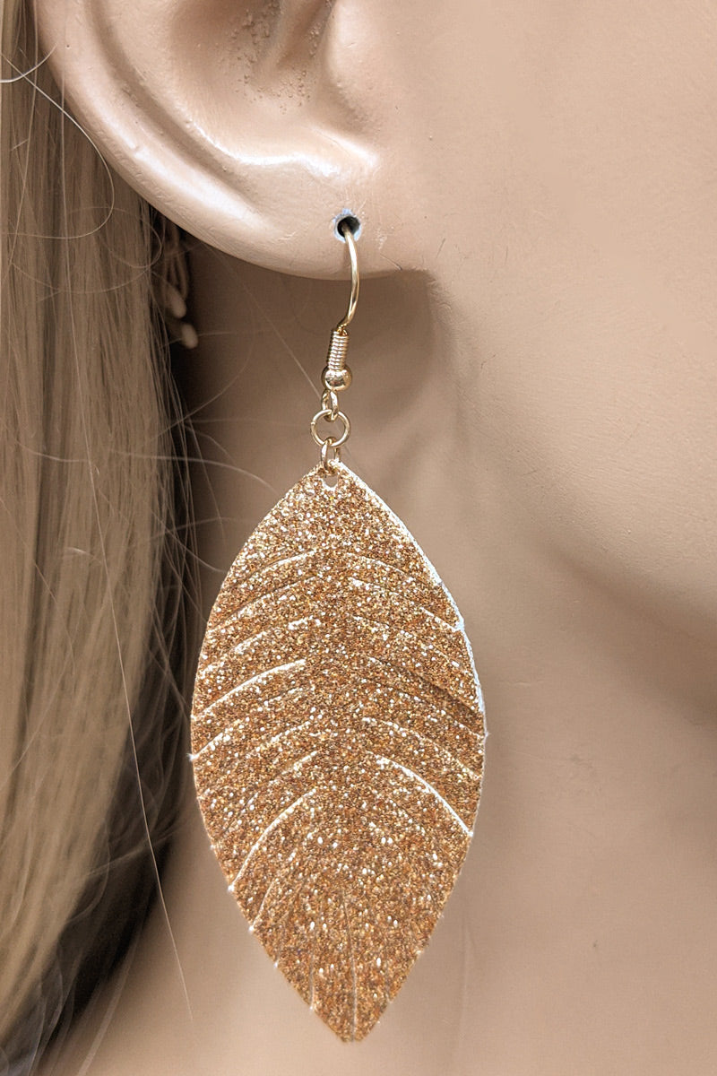 Gold Glitter Faux Leather Leaf Earrings