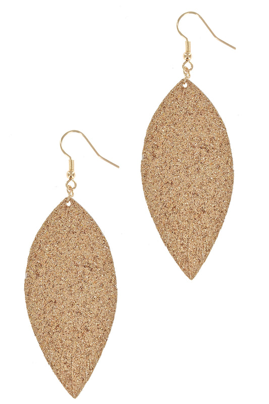 Gold Glitter Faux Leather Leaf Earrings