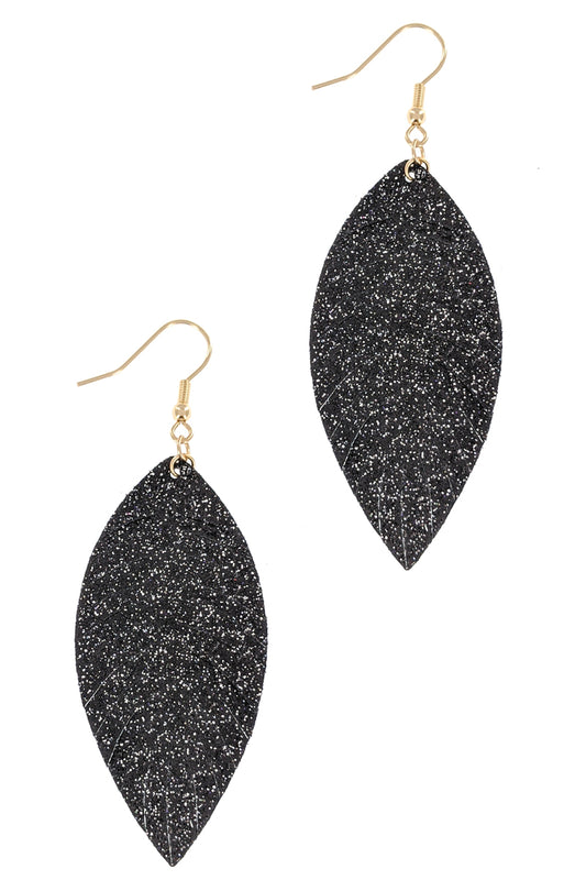 Black Glitter Faux Leather Leaf Earrings