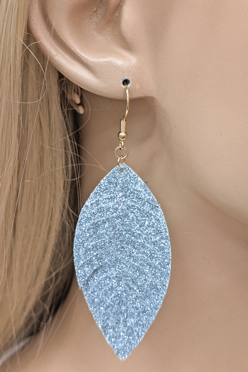 Silver Glitter Faux Leather Leaf Earrings