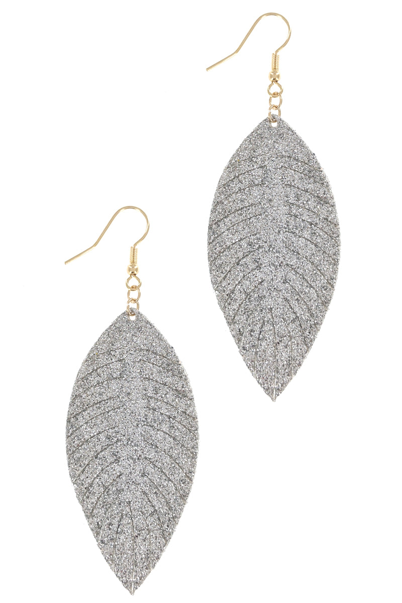Silver Glitter Faux Leather Leaf Earrings