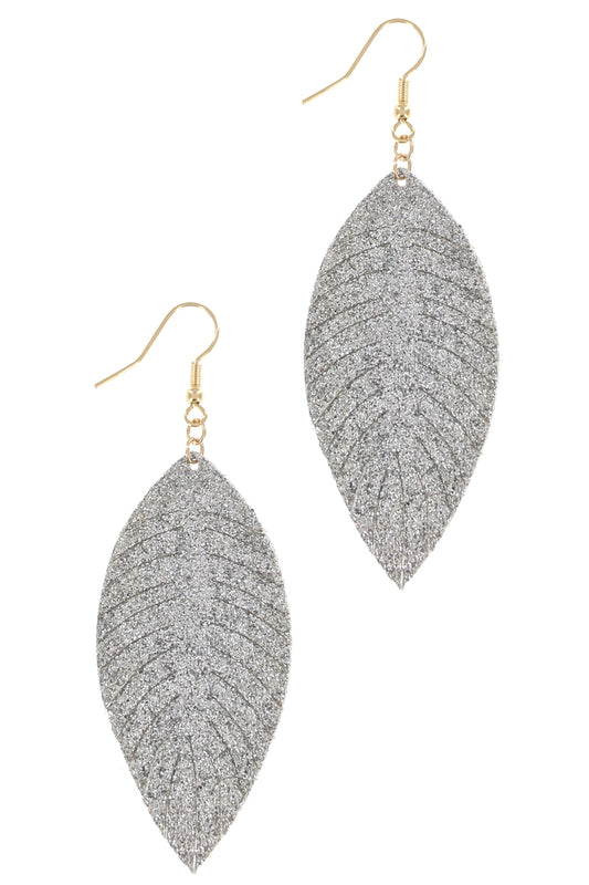 Silver Glitter Faux Leather Leaf Earrings