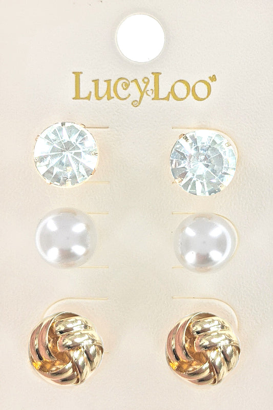 3-Pair Gold Knot Stud Earrings