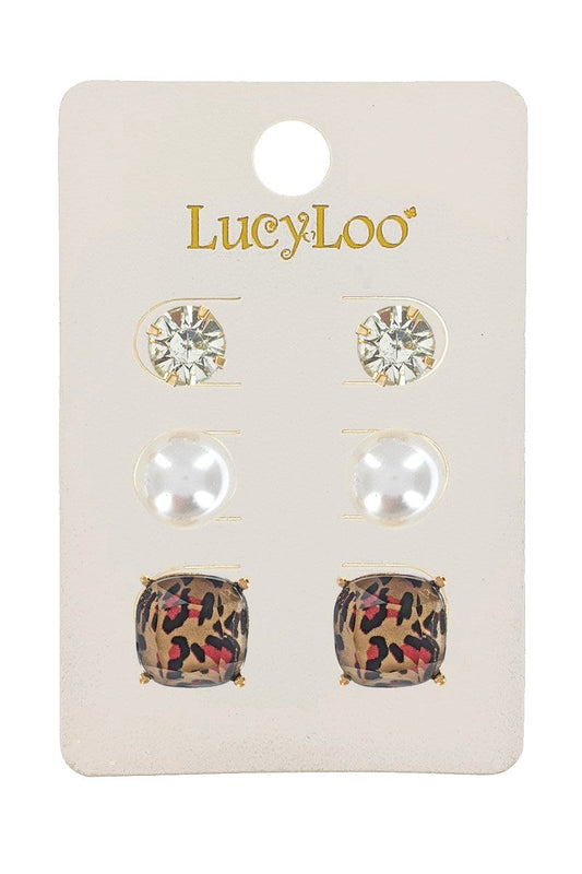 3-Pair Animal Print Stud Earrings