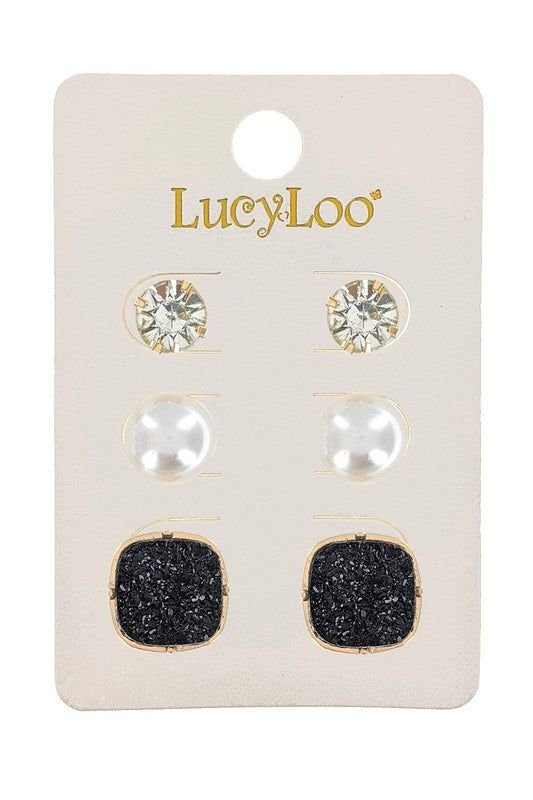 3-Pair Black Druzy Stud Earrings