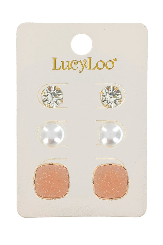 3-Pair Pink Druzy Stud Earrings