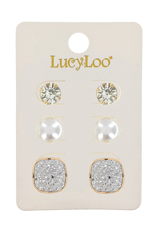 3-Pair Silver Druzy Stud Earrings