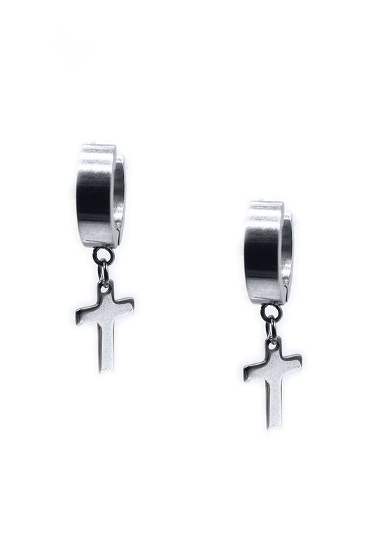 Silver Stainless Steel Mini Hoop Dangle Cross Earrings