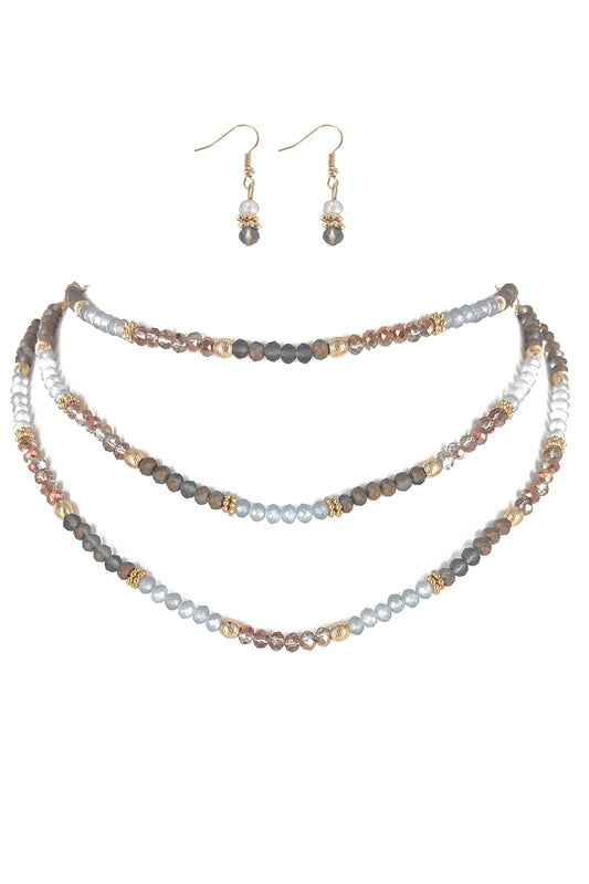 Triple Layered Glass & Natural Beaded Necklace