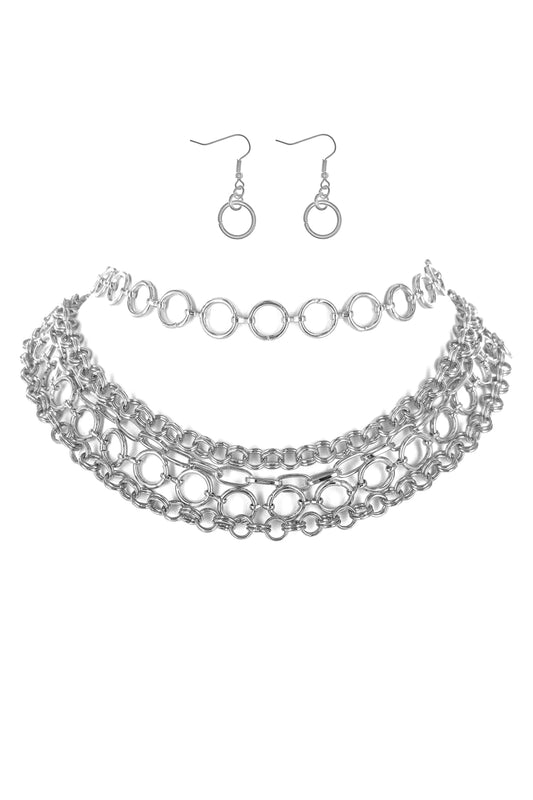 Silver Layered Metal Necklace Set