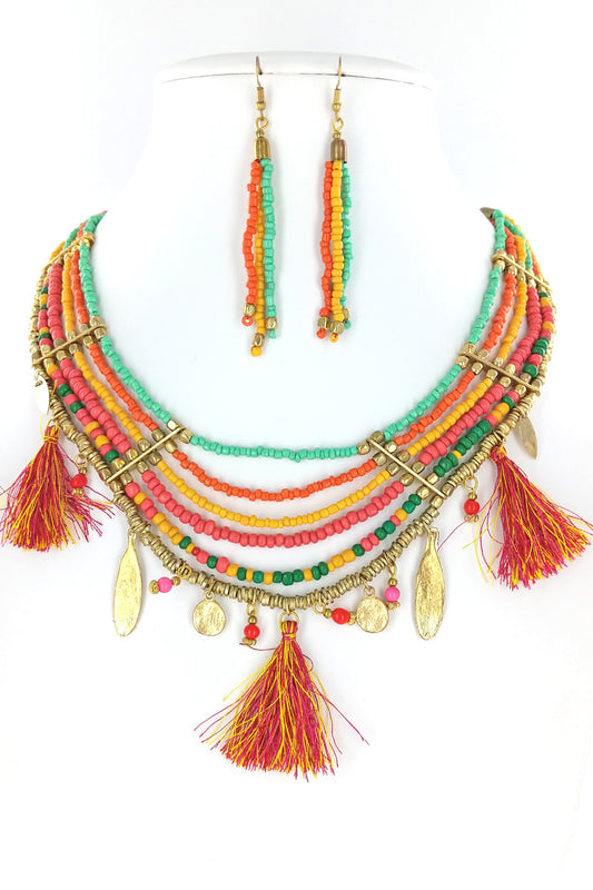 Multi-color Boho Beaded Necklace Set
