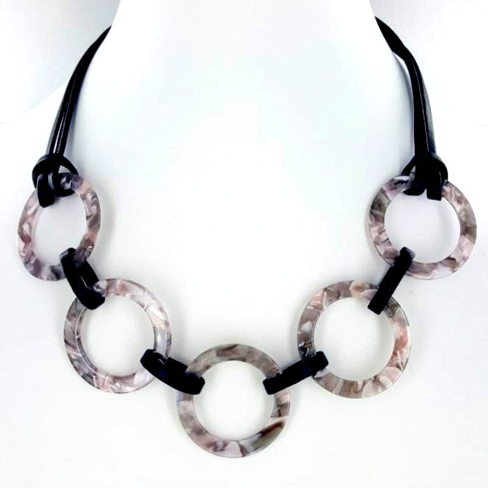 Grey Leather Strap Resin Marble Design Necklace