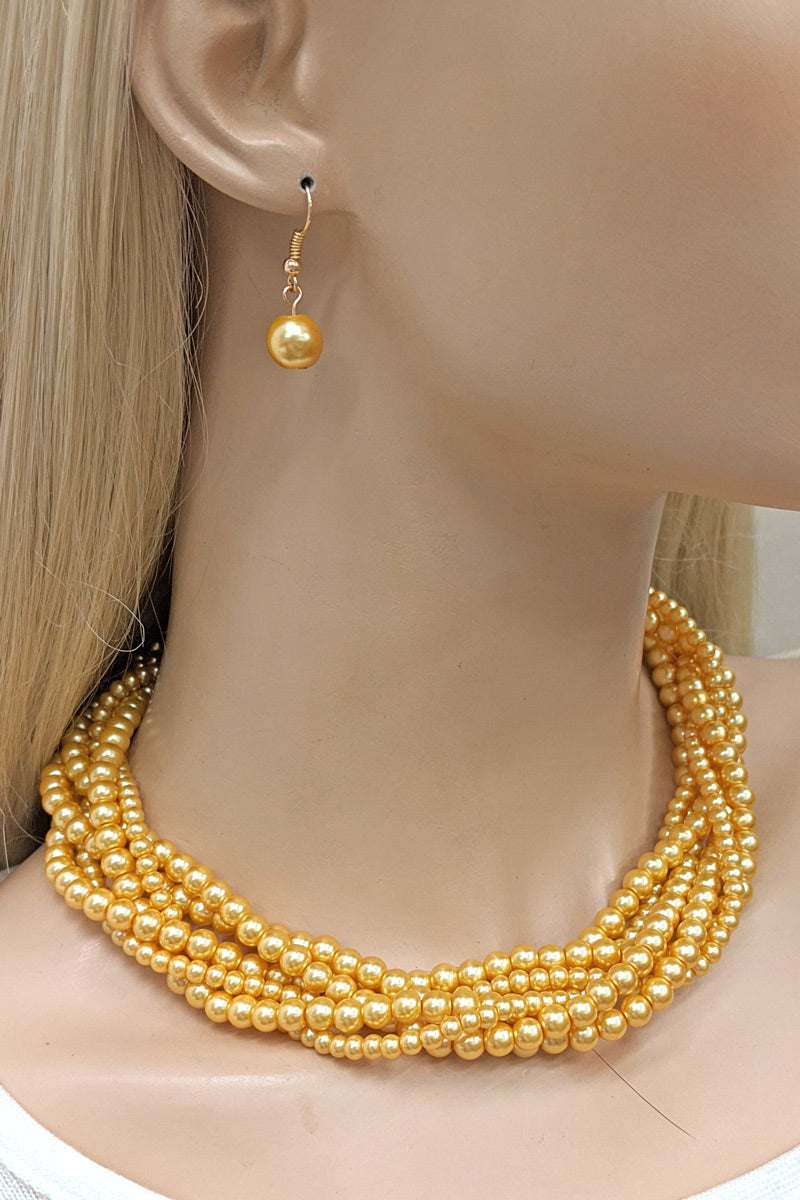 Mustard Multi Twist Pearl Necklace Set