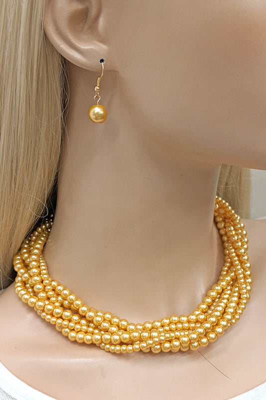 Mustard Multi Twist Pearl Necklace Set