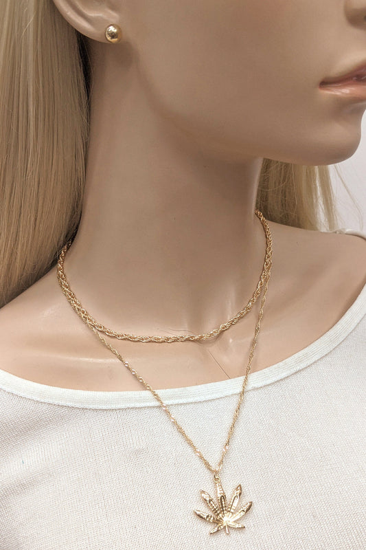 Gold Marijuana Leaf Necklace Set