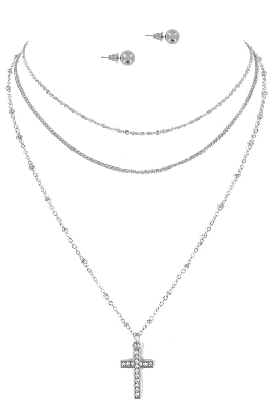 Silver Layered Cross Pendant Necklace Set
