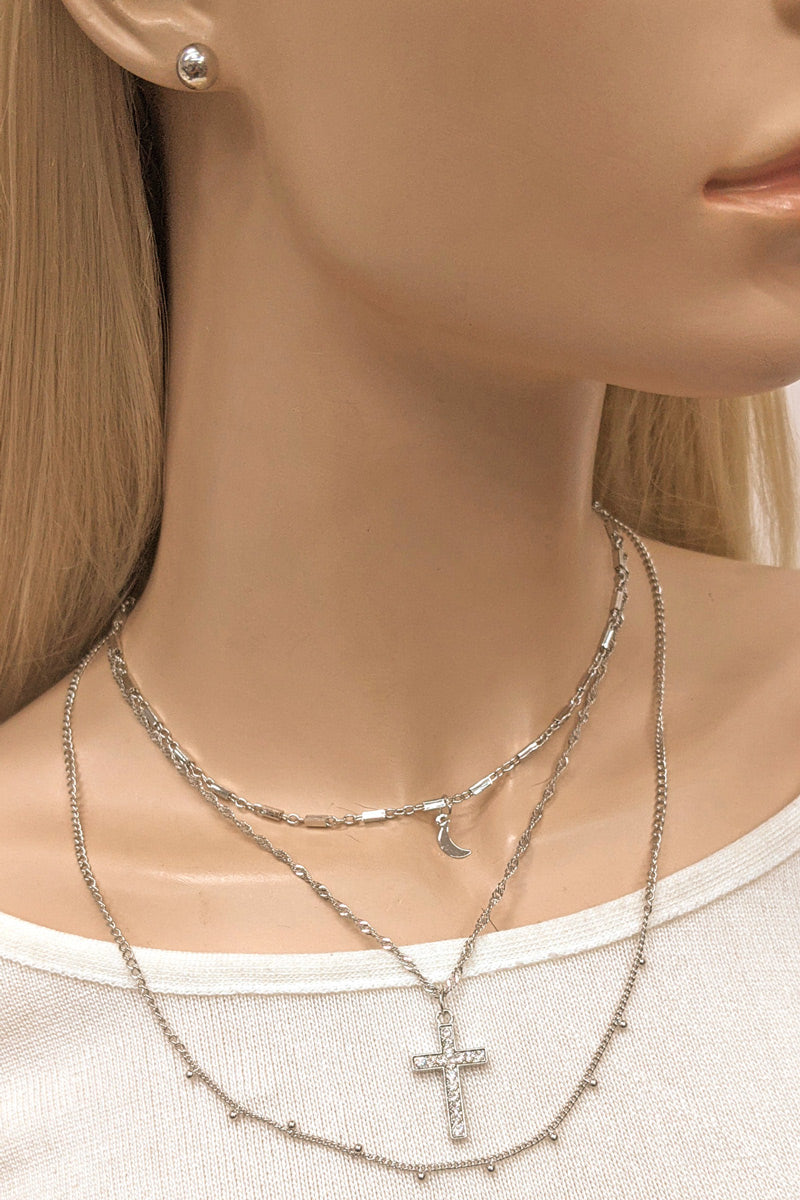 Silver Moon & Cross Charm Layered Necklace