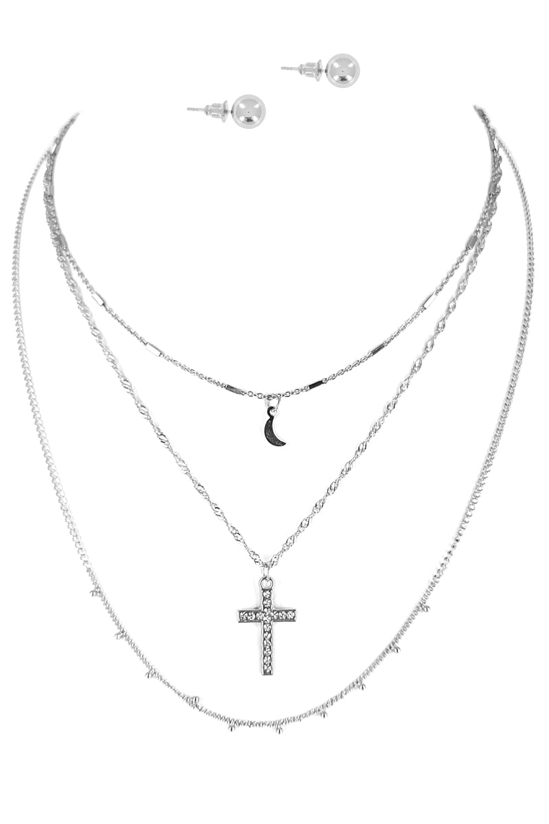 Silver Moon & Cross Charm Layered Necklace