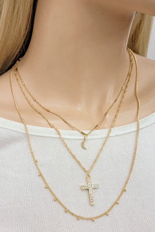 Gold Moon & Cross Charm Layered Necklace